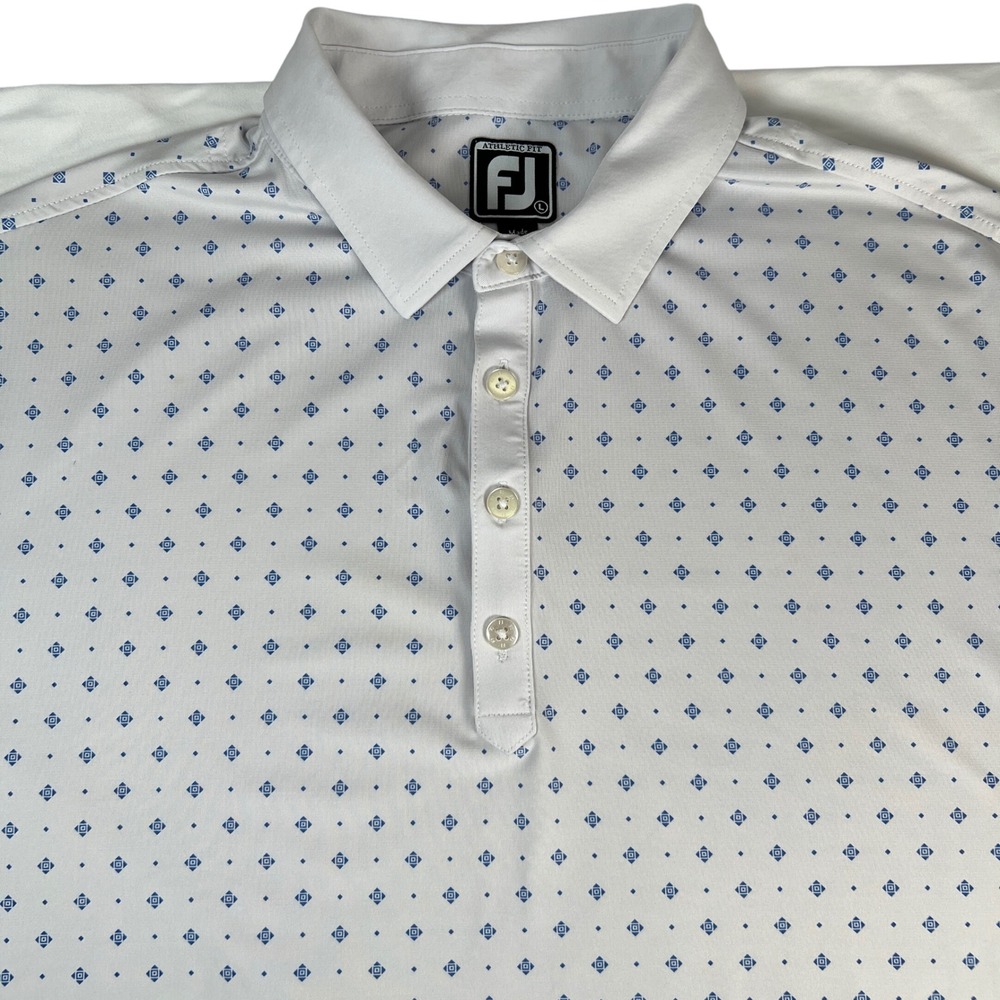 FootJoy Polo Shirt Mens L White Blue Geometric Athletic Fit Wyncote Golf Club